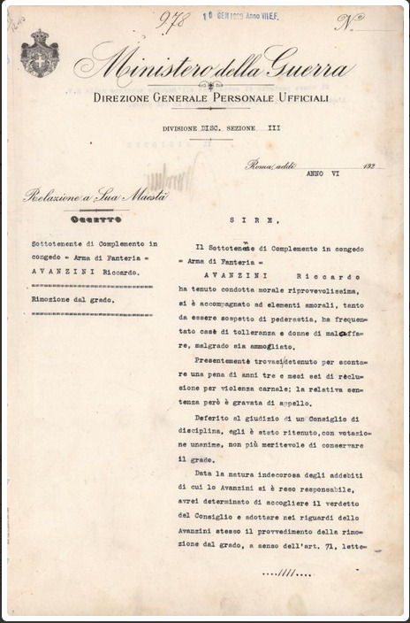 Documento originale del Ministero della Guerra del 1929