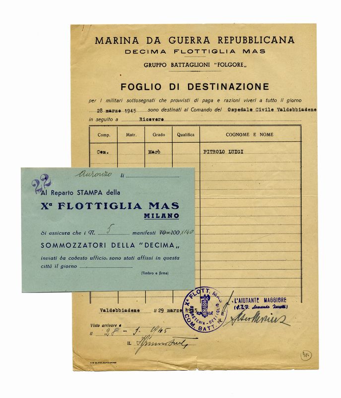 Documento originale della Decima Flottiglia MAS del 1945 Foglio di destinazione della Marina da Guerra Repubblicana Documento del Gruppo Battaglioni Folgore Reparto Stampa della Xª Flottiglia MAS