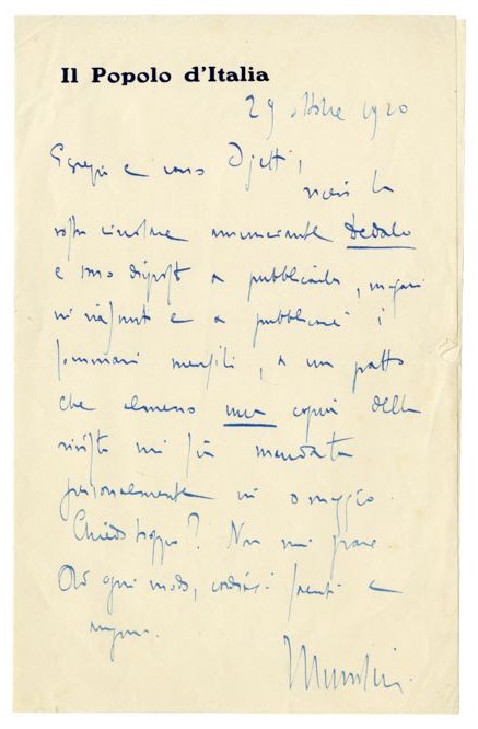 Lettera autografa di Benito Mussolini